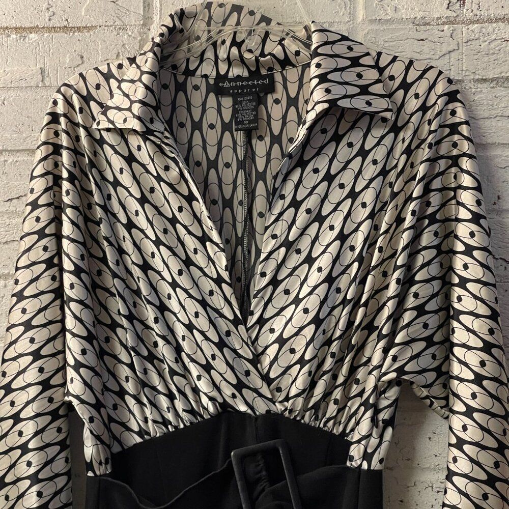 CONNECTED APPAREL Black White Belted Dress 80s Style 10